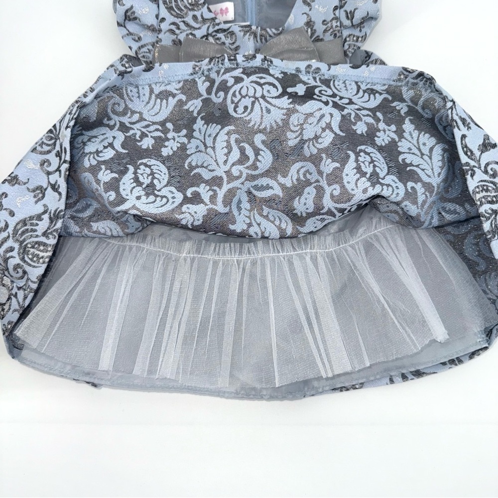 Bonnie Baby Tapestry Silver and Blue Floral Baby Dress with Bow - Picture 5 of 5